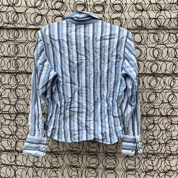 Vintage 90s Panhandle Slim long sleeve pearl snap blue stripe shirt smocked side - Picture 2 of 4